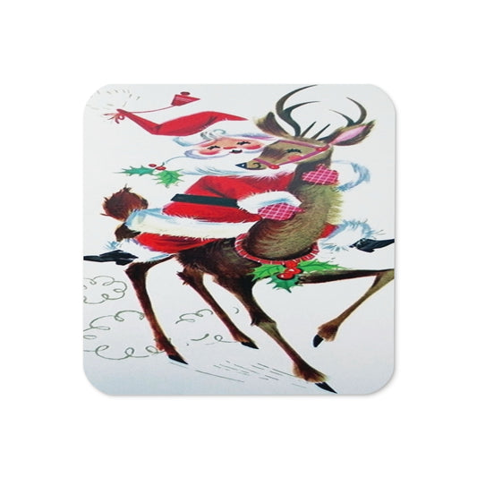 Santa With Reindeer Mid Century Retro Christmas Cork-back Coaster