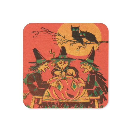 Three Witches Owls Retro Halloween Print Cork-back Coaster