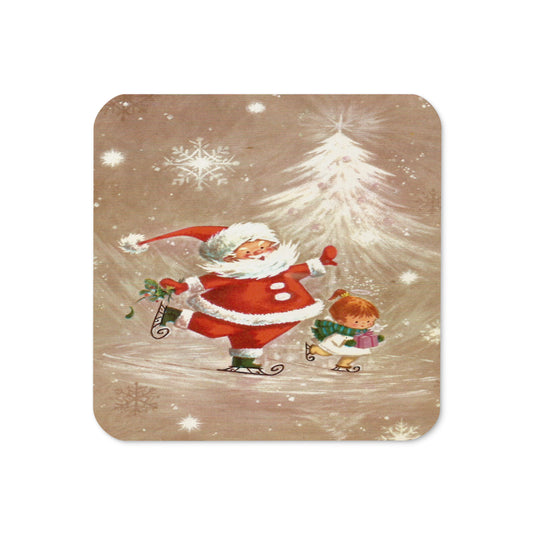 Santa And Angels Ice Skating Mod Retro Christmas Print Cork-back Coaster