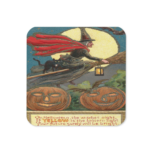 Witch And Black Cat Flying Halloween Cork-back Coaster - Water-repellent Heat-resistant Non-slip  - Retro Style