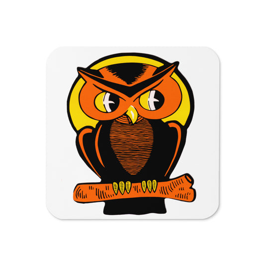 Orange Halloween Owl Mid Century Retro Halloween Print Cork-back Coaster