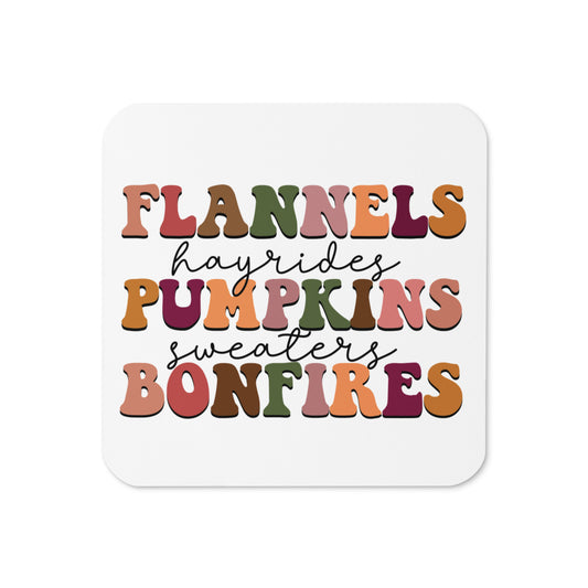 Flannels Hayrides Pumpkins Sweaters Bonfires Fall Autumn Cork-back Coaster