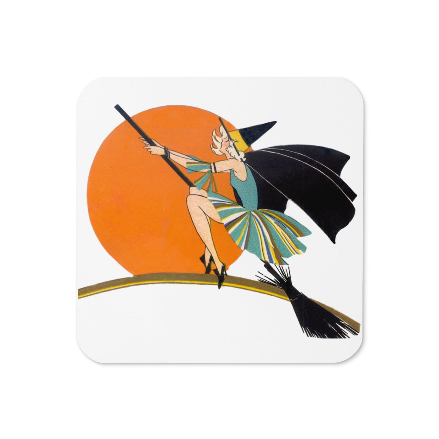 Flapper Witch On Broom Orange Moon Retro Halloween Print Cork-back Coaster