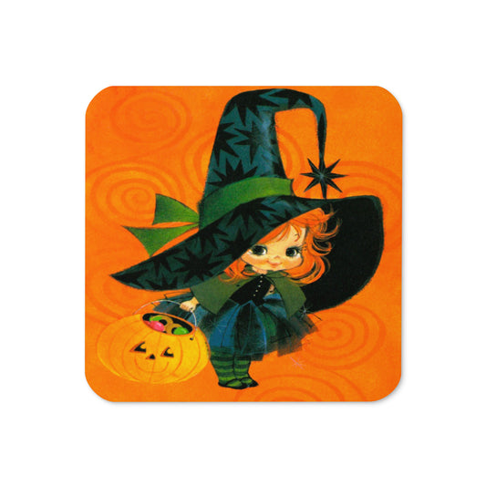 Orange Witch Mod Retro Halloween Print Cork-back Coaster