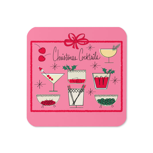 Christmas Cocktails Pink Mid Century Retro Style Christmas Print Retro Print Cork-back Coaster