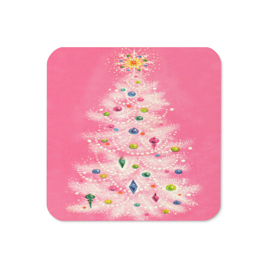 Pink Christmas Tree Mid Century Retro Christmas Print Cork-back Coaster