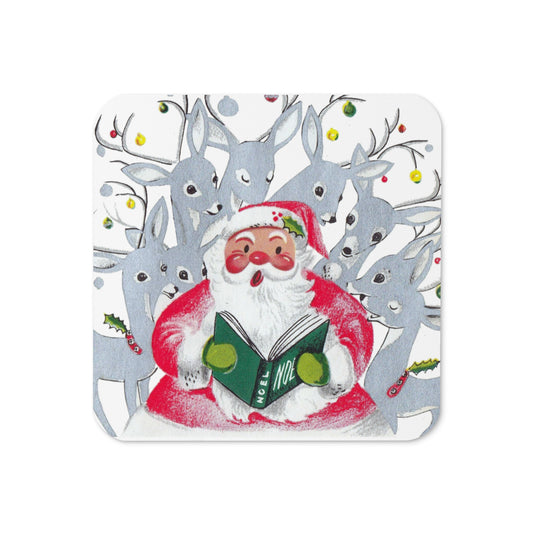 Santa Singing With Reindeer Mid Century Retro Christmas Print Cork-back Coaster