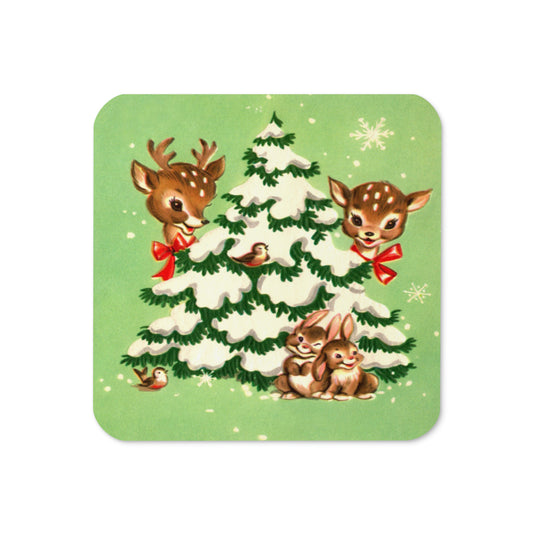 Reindeer In Tree Mid Century Retro Christmas Print Cork-back Coaster