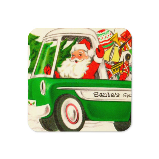 Santa In Truck With Presents Mid Century Retro Christmas Print Cork-back Coaster