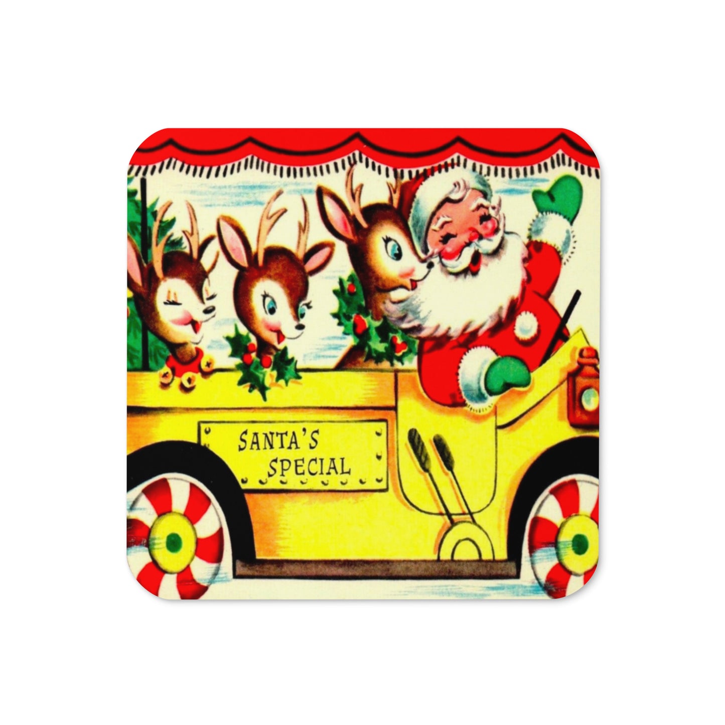 Santa's Special Bus Reindeer Bus Mid Century Retro Christmas Print Cork-back Coaster