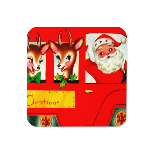 Santa Reindeer On Bus Mid Century Retro Christmas Print Cork-back Coaster