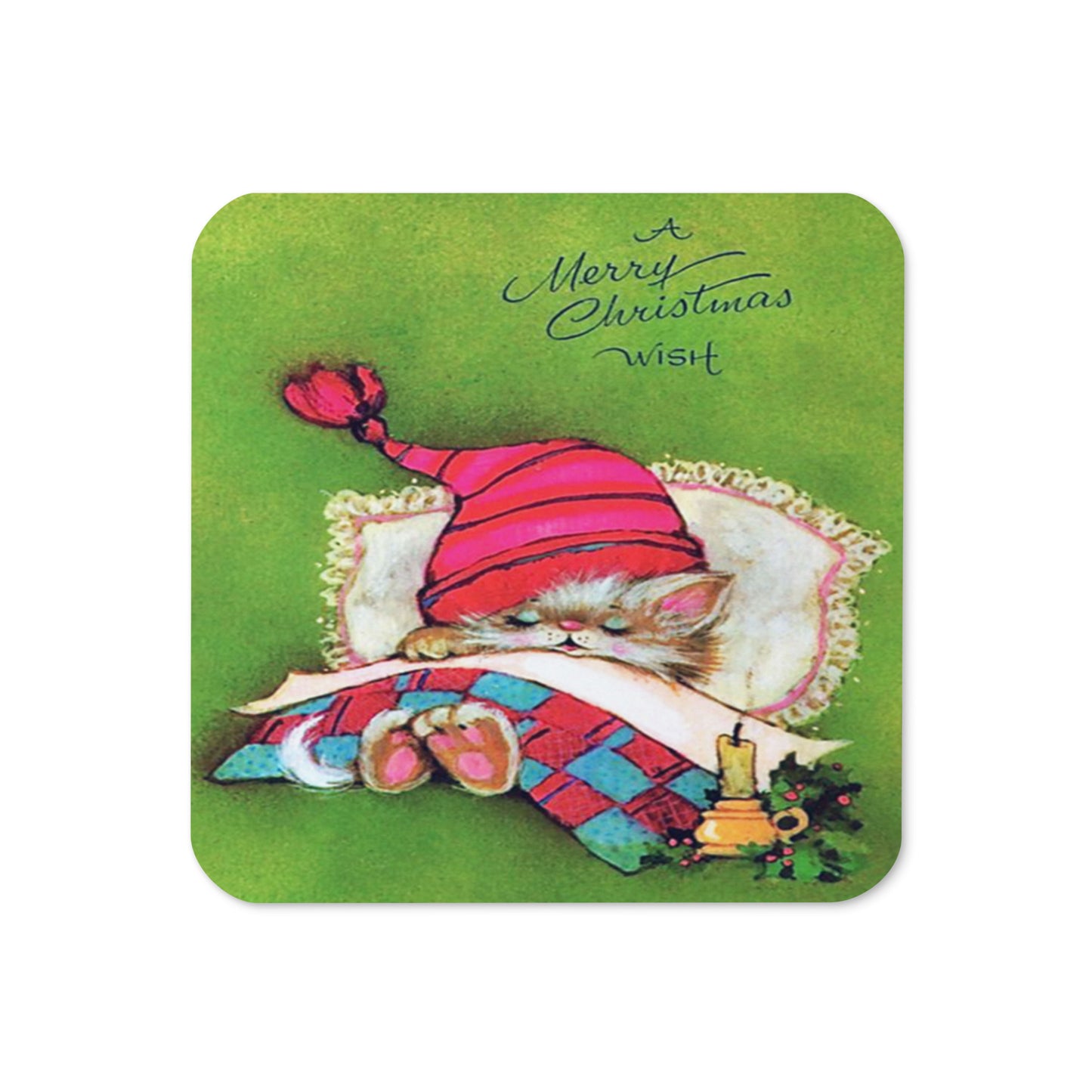 A Merry Christmas Wish Cute Kitten Retro Christmas Print Cork-back Coaster