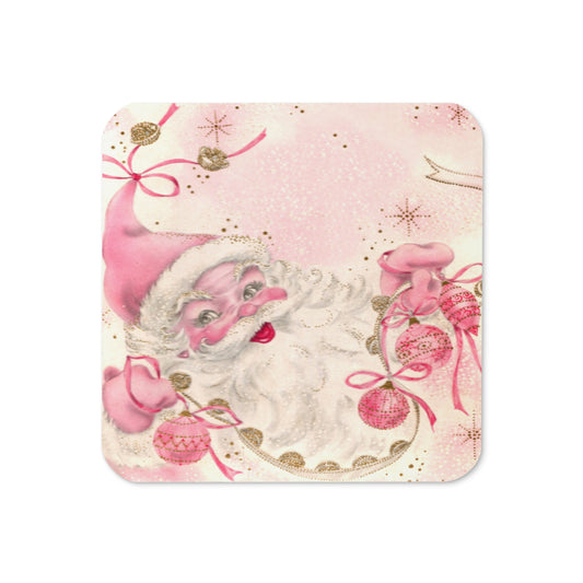 Pink Santa Christmas Retro Christmas Print Cork-back Coaster