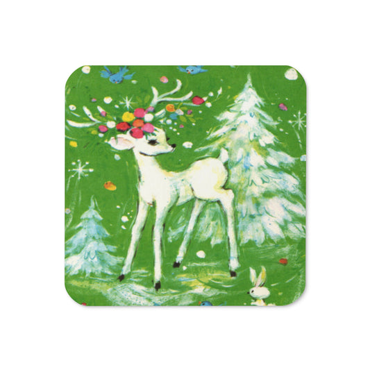 Reindeer Woodland Winter Mid Century Retro Christmas Print Cork-back Coaster