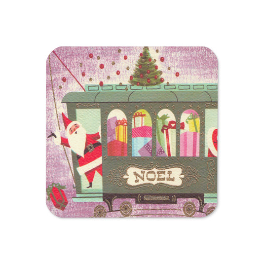 Santas On Trolly Christmas Retro Christmas Print Cork-back Coaster