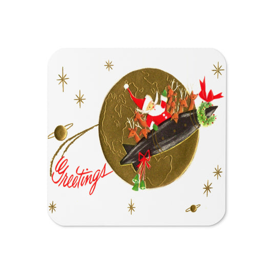 Santa In A Rocket Christmas Greetings Retro Christmas Print Cork-back Coaster