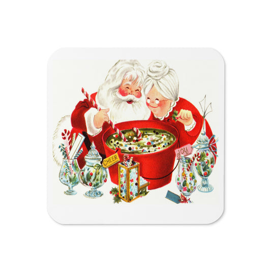 Santa And Mrs Claus Making Christmas Cheer Mid Century Retro Christmas Print Cork-back Coaster