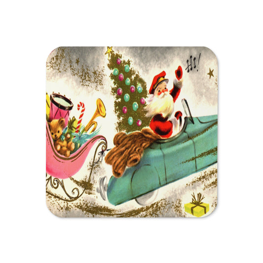 Santa Car Sleigh Retro Christmas Print Cork-back Coaster