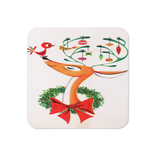 Reindeer With Wreath And Bird Mid Century Retro Christmas Print Cork-back Coaster