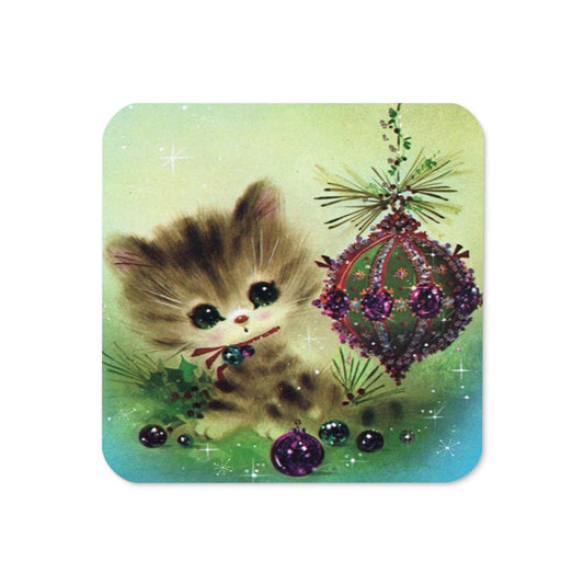 Christmas Kitten With Ornament Retro Christmas Print Cork-back Coaster