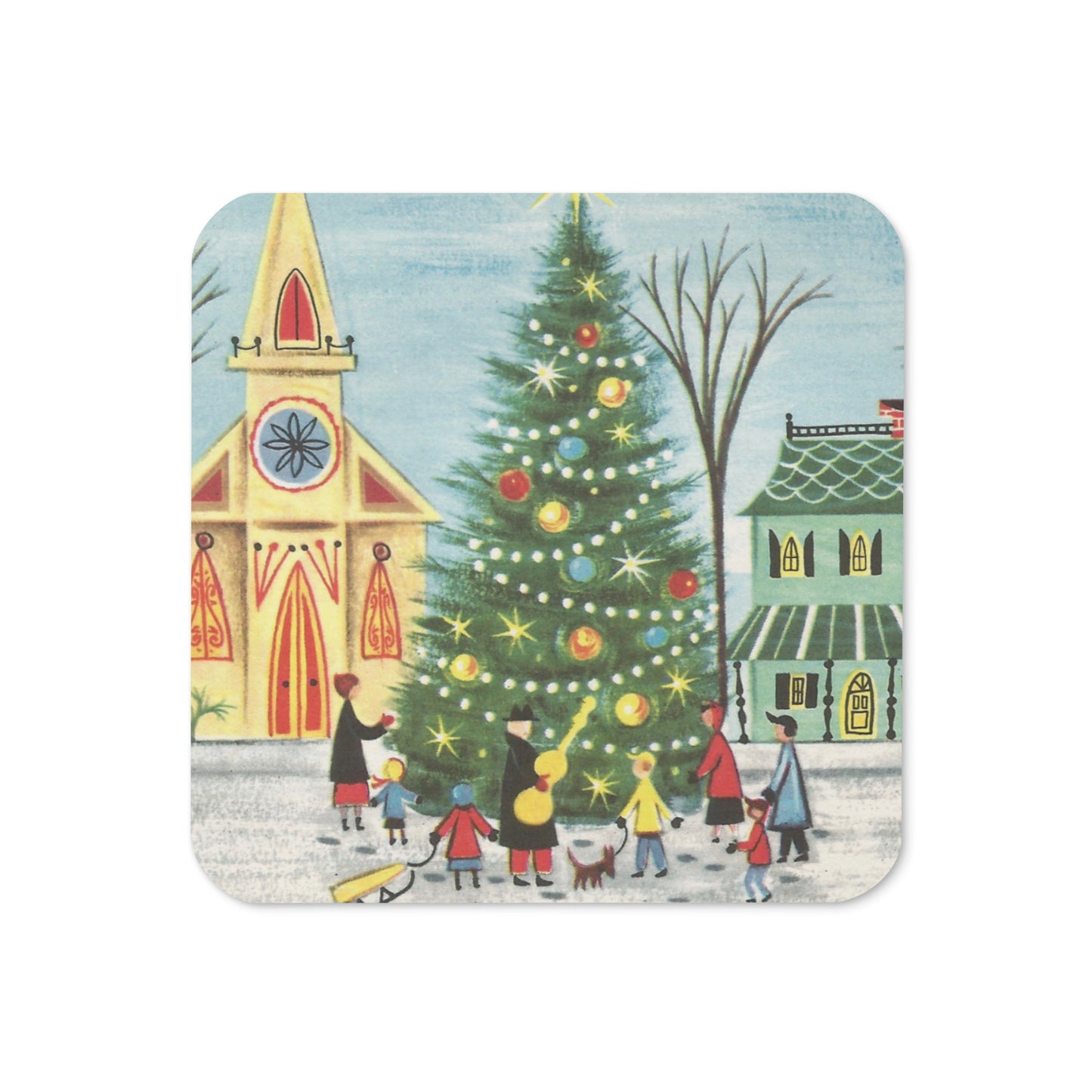 Christmas Tree Small Town Scene Mid Century Retro Christmas Print Cork-back Coaster