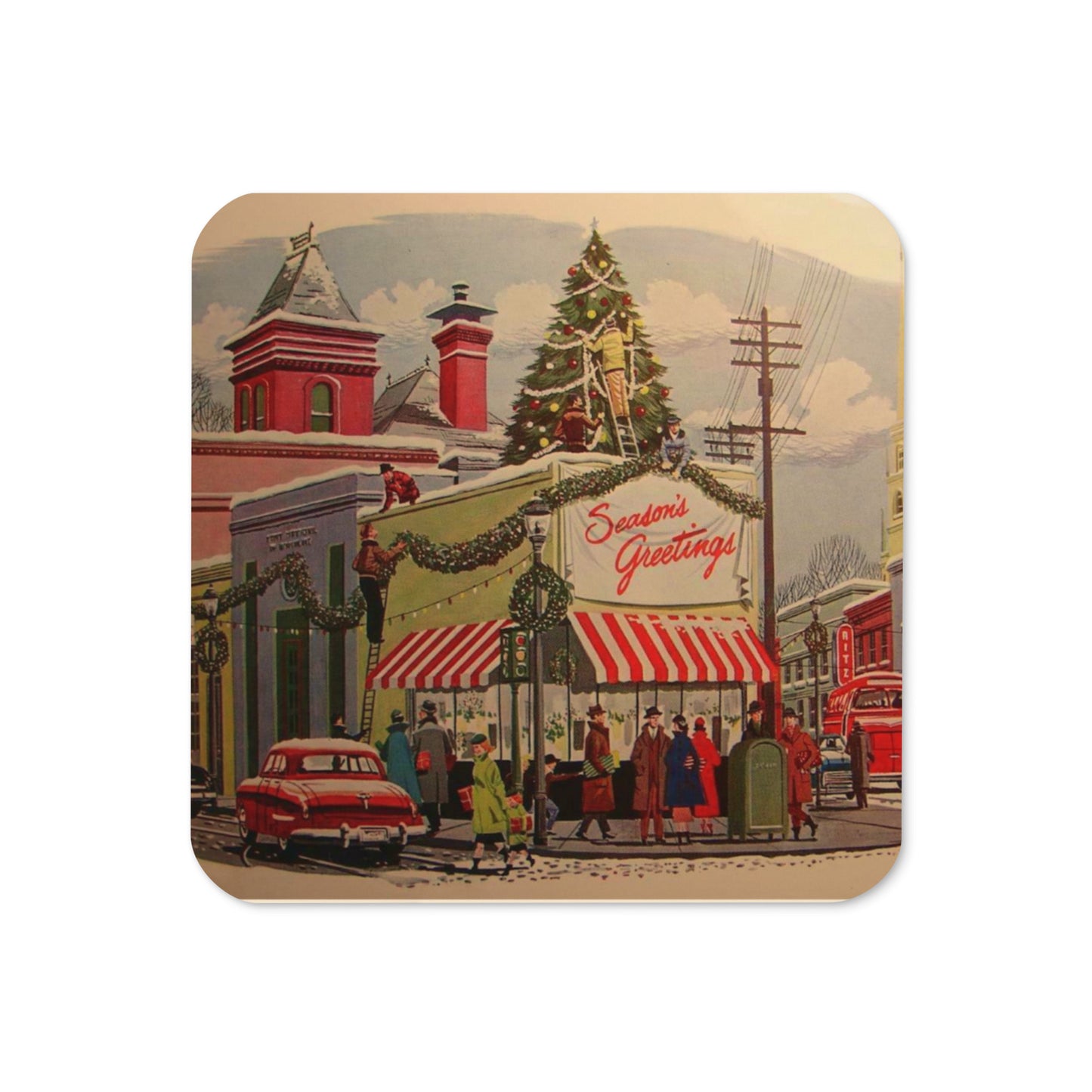 Season's Greetings Retro Christmas Print Cork-back Coaster