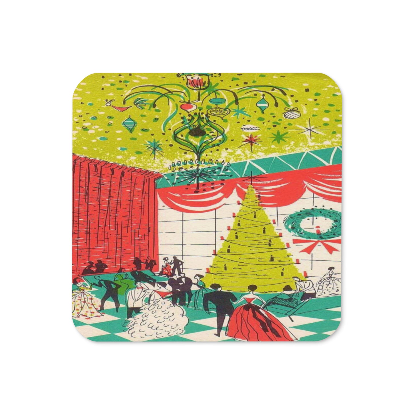 Christmas Party Mid Century Retro Christmas Print Cork-back Coaster