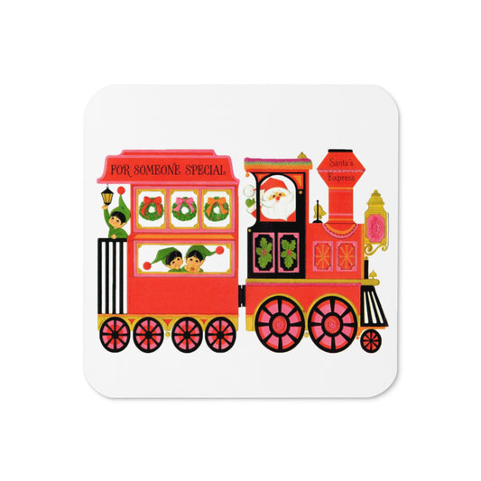 Santa's Express Christmas Train Mid Century Retro Christmas Print Cork-back Coaster