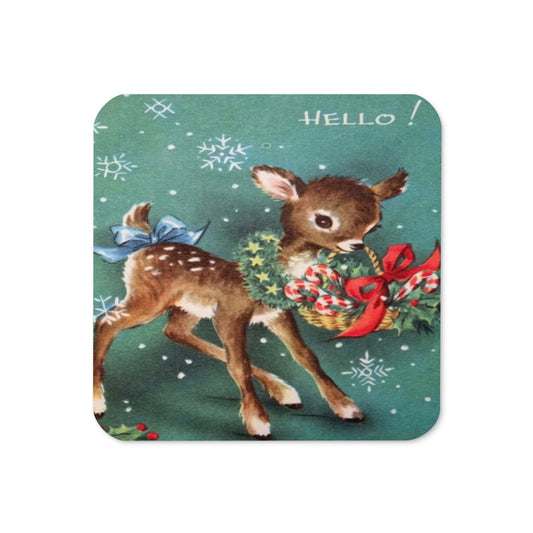 Hello Christmas Reindeer Mid Century Retro Christmas Print Cork-back Coaster