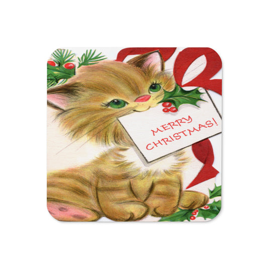 Merry Christmas Kitten Retro Christmas Print Cork-back Coaster