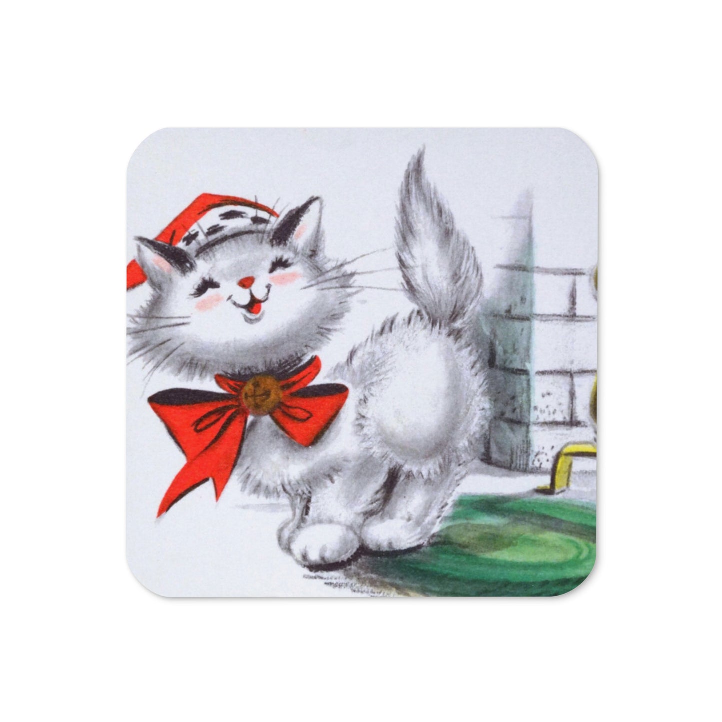 Christmas Kitten With Santa Hat Retro Christmas Print Cork-back Coaster