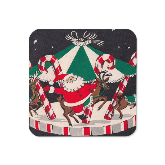 Santa Merry Go Round Mid Century Retro Christmas Print Cork-back Coaster