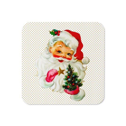 Santa With Tree Retro Christmas Print Cork-back Coaster