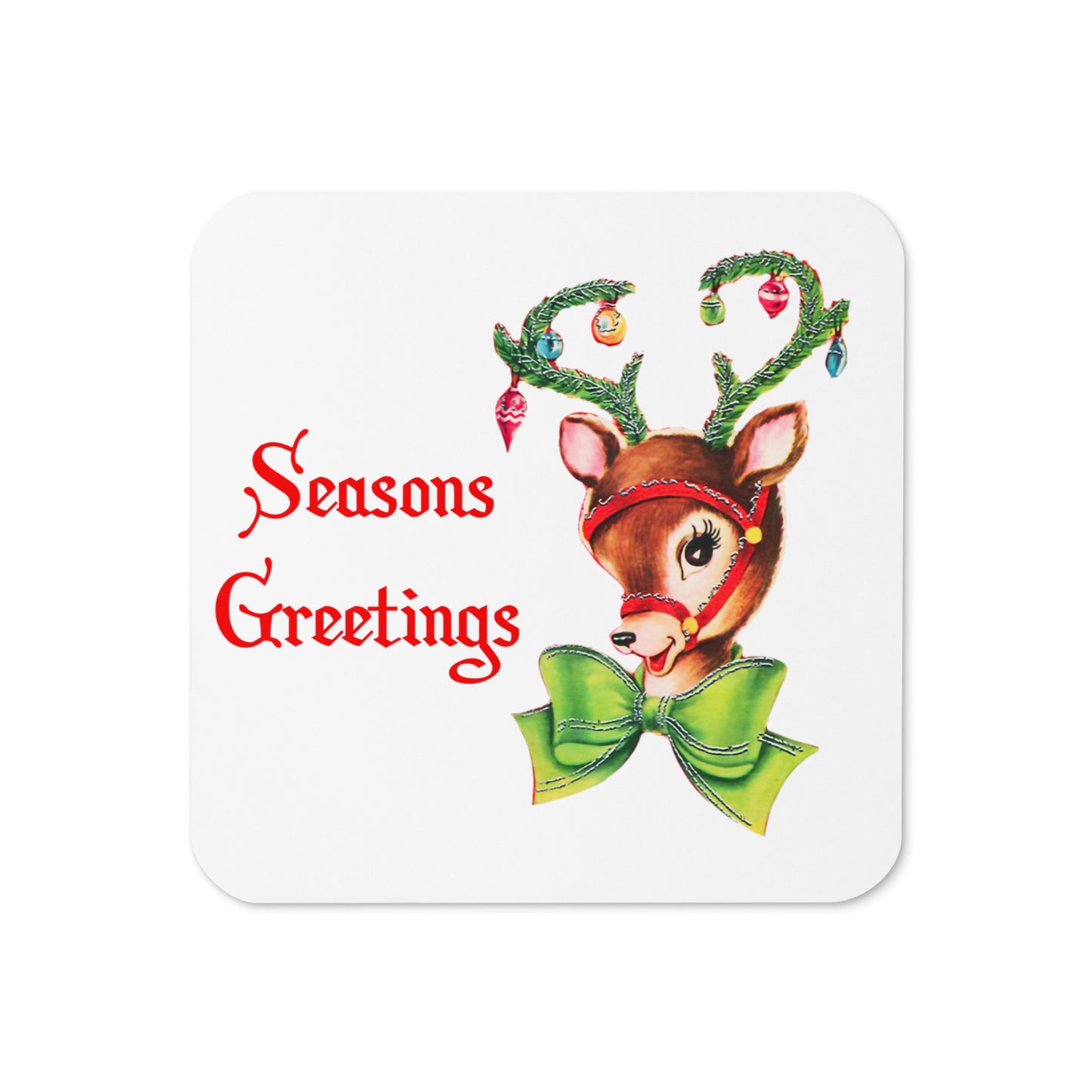 Season's Greetings Cute Reindeer With Ornaments Mid Century Retro Christmas Print Cork-back Coaster