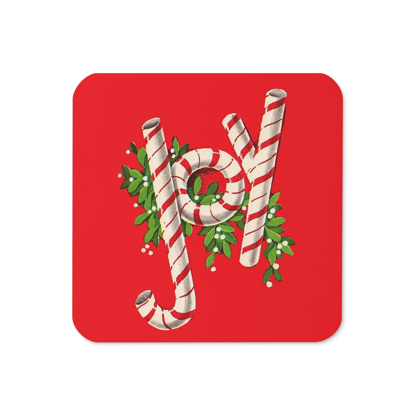 Joy Candy Canes Mid Century Retro Christmas Print Cork-back Coaster