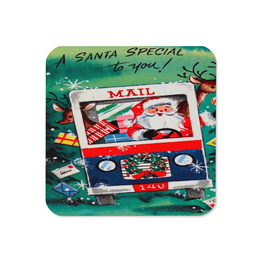 Santa Mail Truck With Reindeer Mid Century Retro Christmas Print Cork-back Coaster