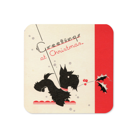 Greetings At Christmas Black Scottie Mid Century Retro Christmas Print Cork-back Coaster