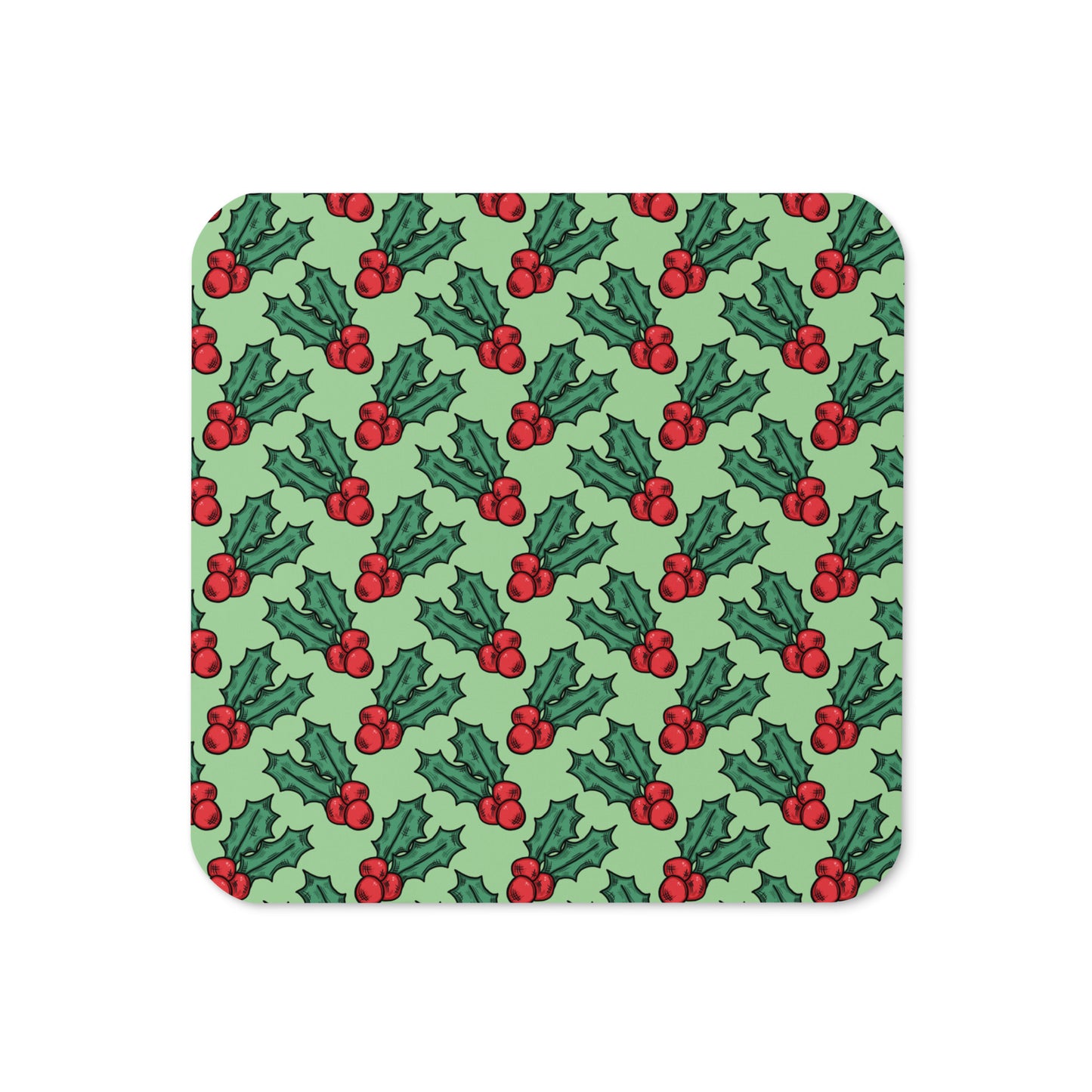 Cute Christmas Holly Green Christmas Print Cork-back Coaster