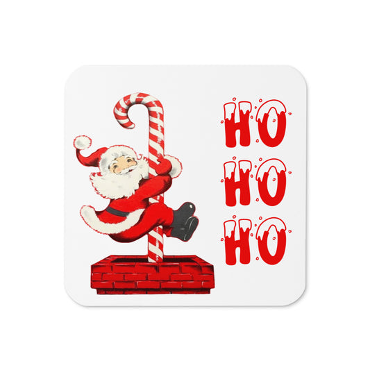 Ho Ho Ho Santa Sliding Down Candy Cane Chimney Retro Christmas Print Cork-back Coaster