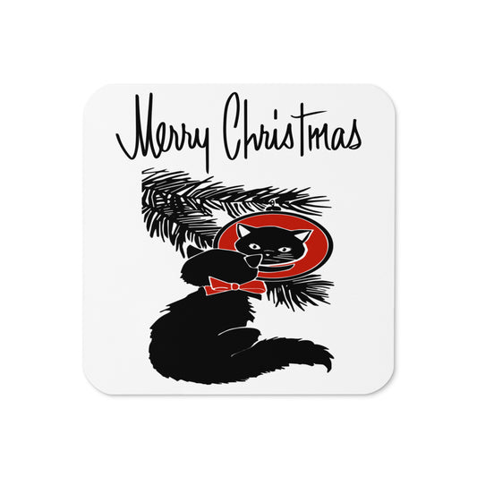 Merry Christmas Black Cat Mid Century Retro Christmas Print Cork-back Coaster