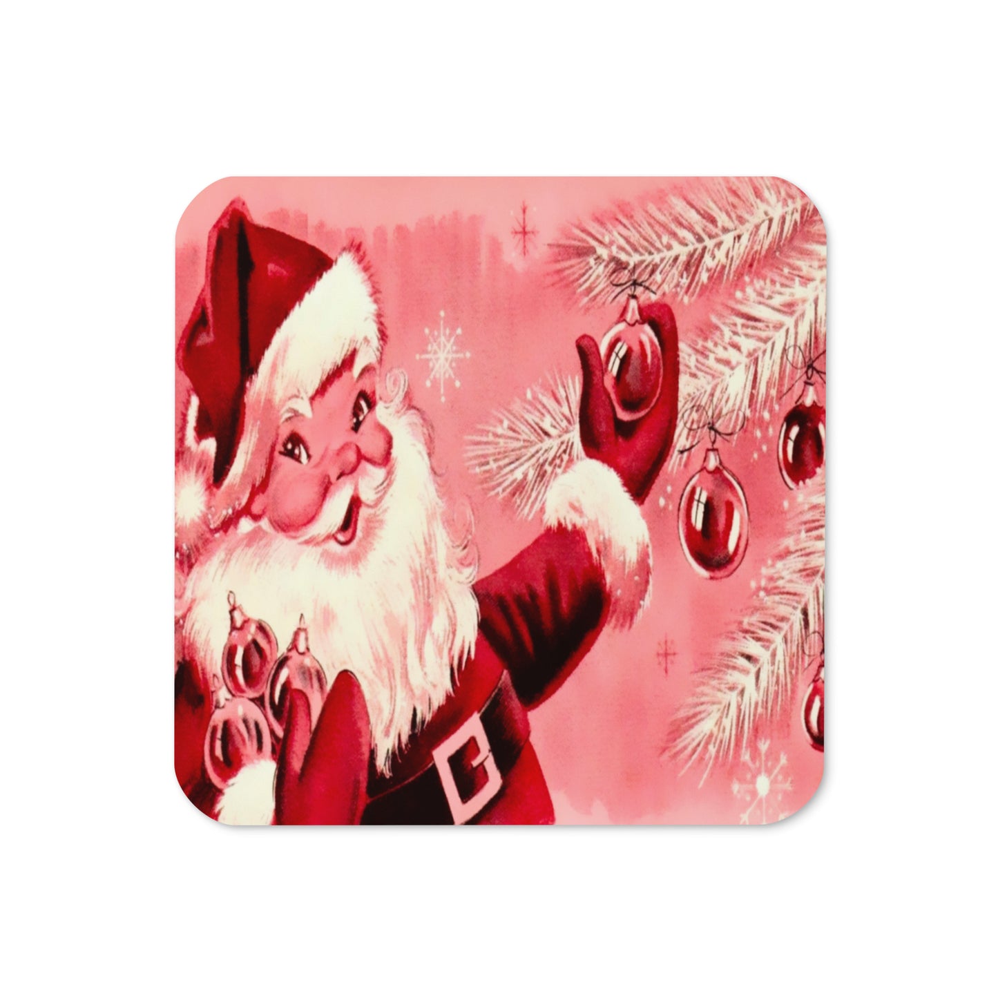 Pink Christmas Santa Mid Century Retro Christmas Print Cork-back Coaster