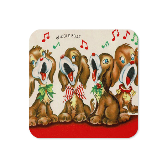 Jingle Bells Christmas Puppies Retro Christmas Print Cork-back Coaster