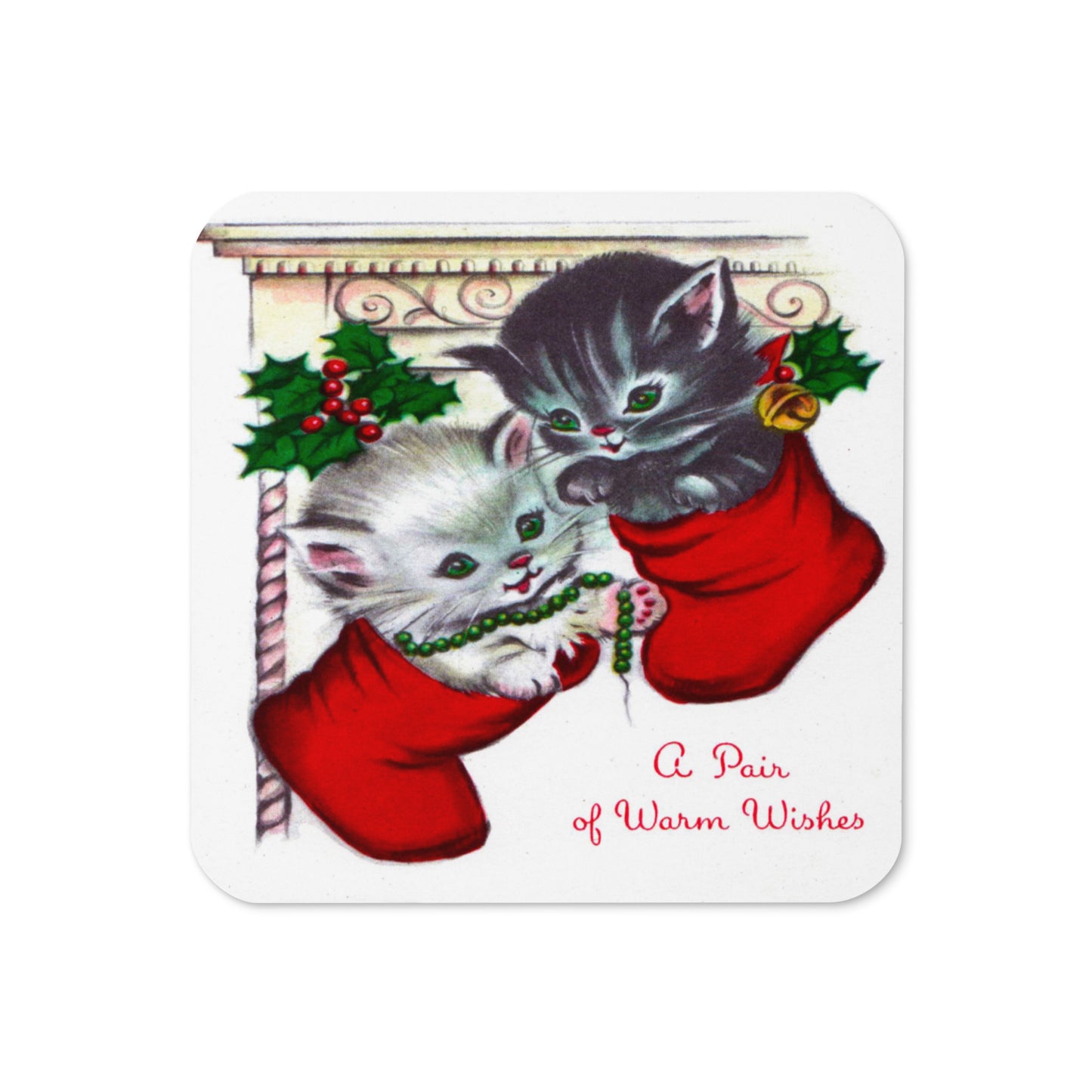 A Pair Of Warm Wishes Kittens In Stockings Retro Christmas Print Cork-back Coaster