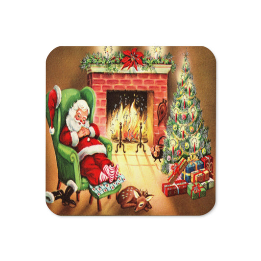 Santa Sleeping By Fireplace With Reindeer Retro Christmas Print Cork-back Coaster