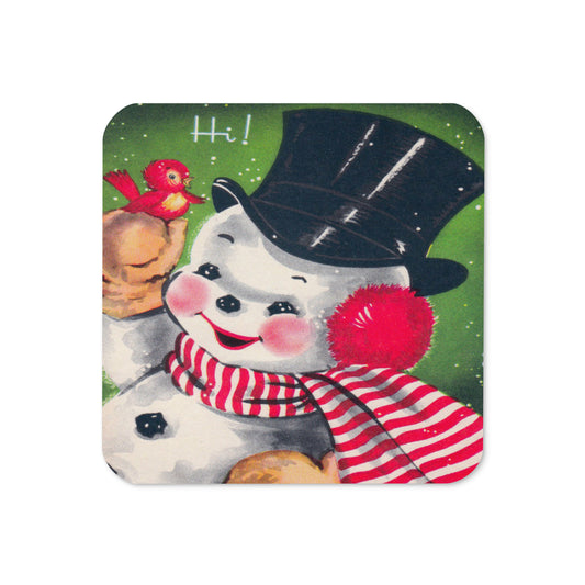 Hi Snowman With Bird Mid Century Retro Christmas Print Cork-back Coaster