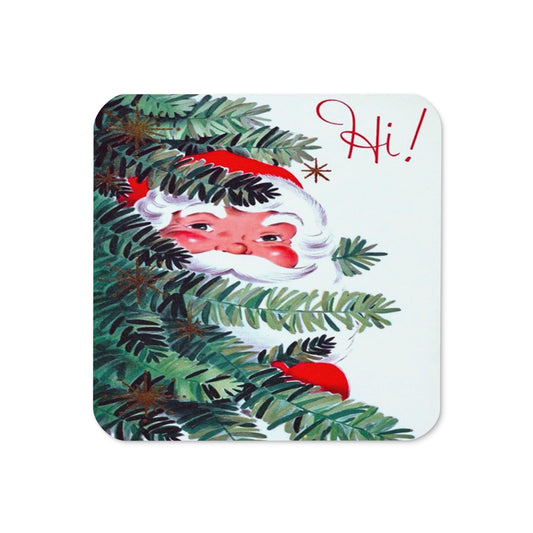 Hi Santa In Tree Retro Christmas Print Cork-back Coaster