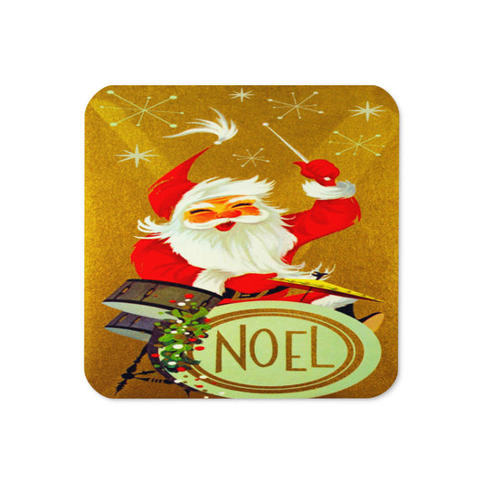 Santa On The Noel Drums Mid Century Retro Christmas Print Cork-back Coaster