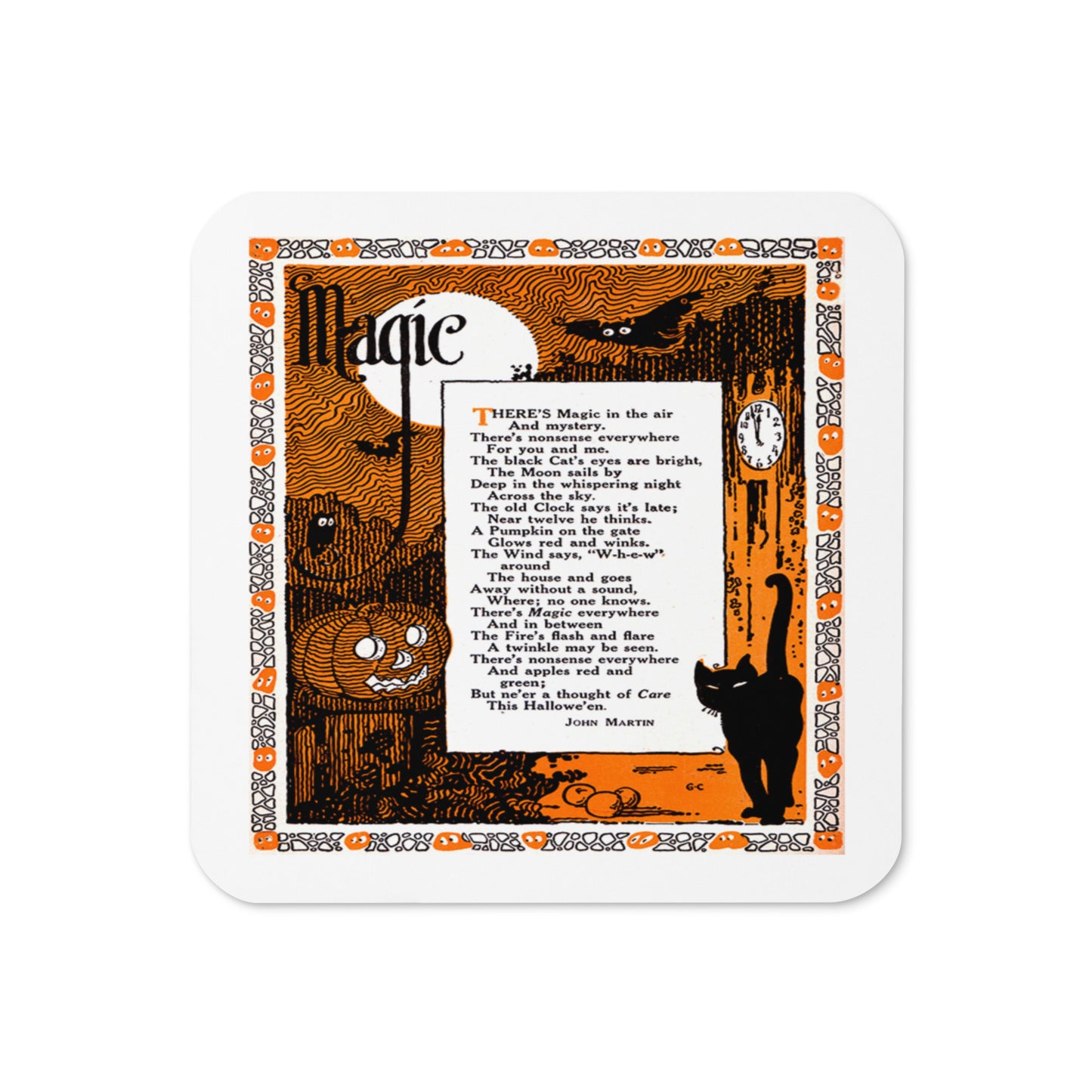 Magic Poem Black Cat Retro Halloween Print Cork-back Coaster