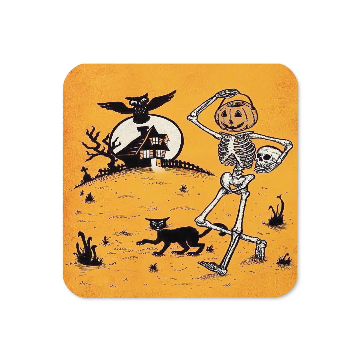 Skeleton Jack O Lantern Black Cat Owls Retro Halloween Print Cork-back Coaster