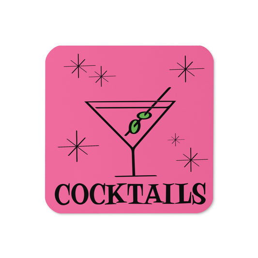 Martini Cocktails Atomic Mid Century Retro Style Pink Cork-back Coaster